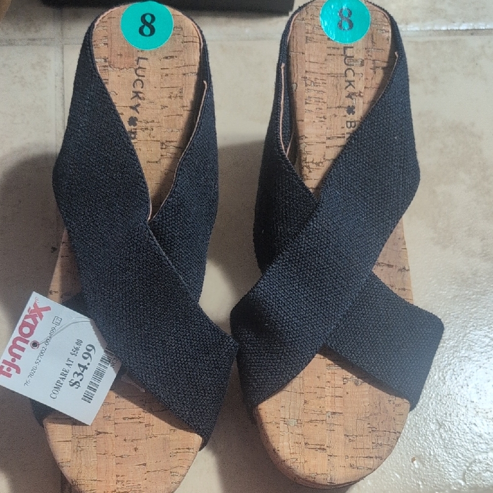 Lucky Brand Black Crisscross Cork Wedge Slides